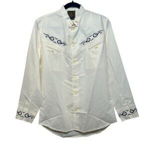 Espuela de Oro White Western Shirt Black Embroidery Size Small Mandarin Collar